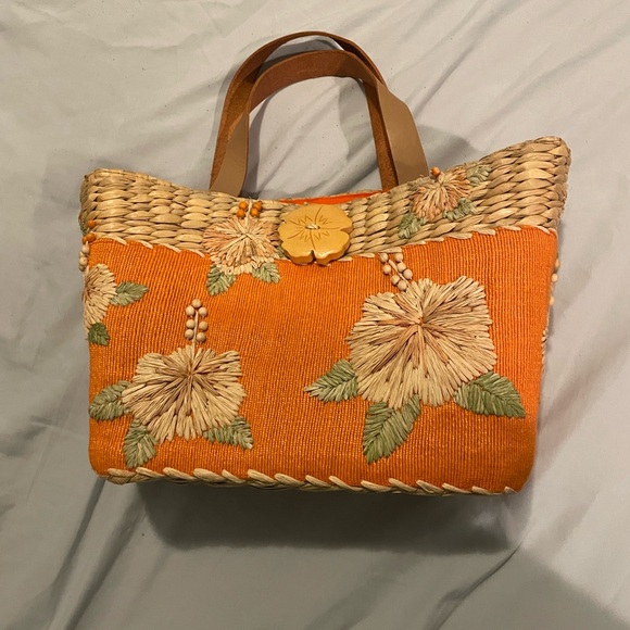 Handbags - Orange Floral Woven Straw Purse